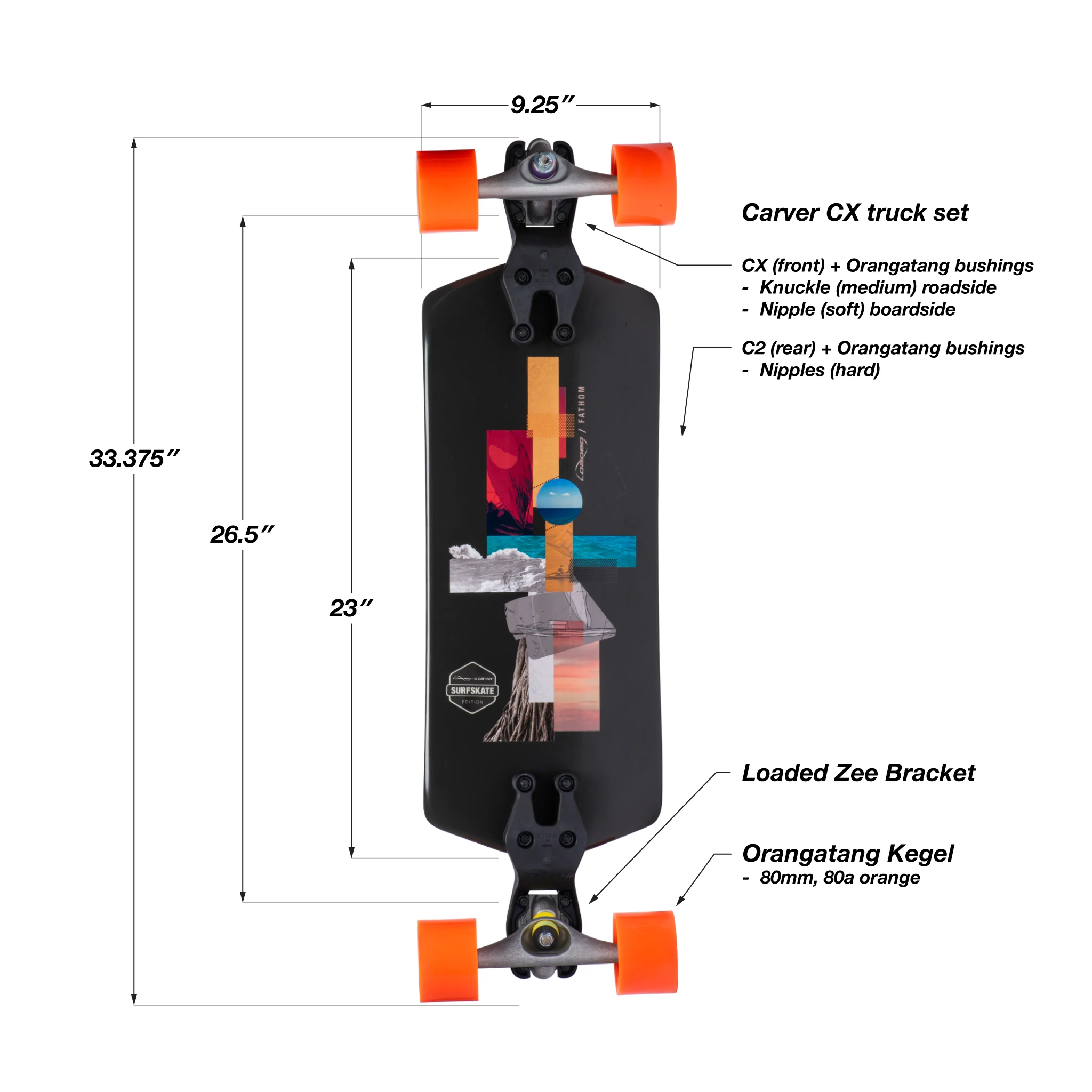 Loaded Boards Fathom Surfskate Complete; Zee Bracket, Carver Trucks and Orangatang Kegels - Image 2
