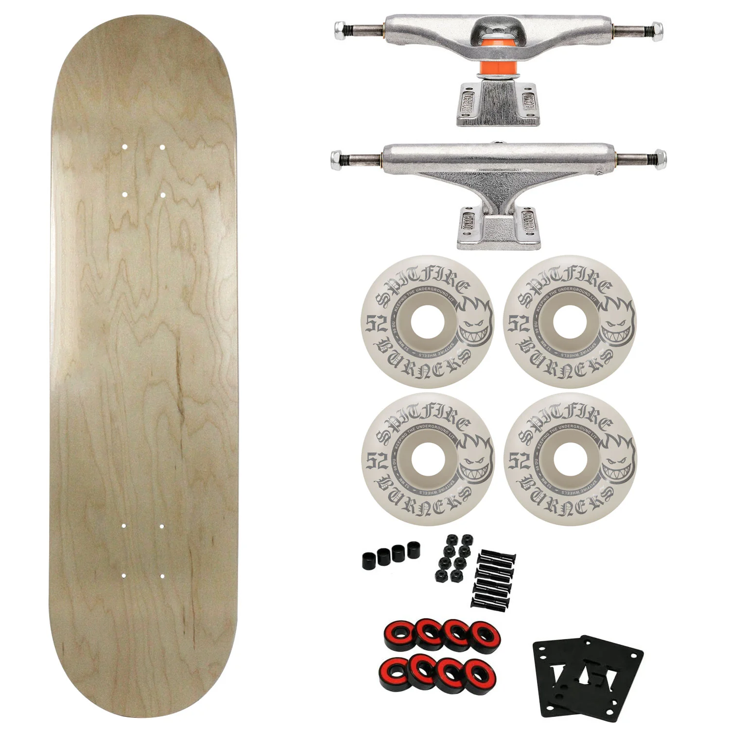 Moose Canadian Maple Skateboard Natural 8.0" with Independent Trucks, Spitfire Wheels