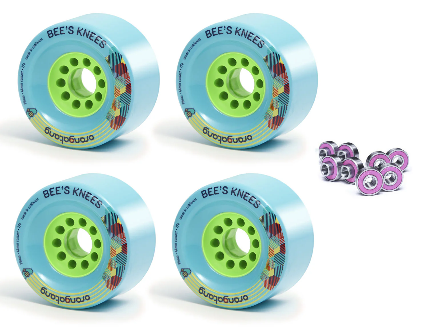 Orangatang Longboard Wheels Bees Knees Blue 90mm 77A with Loaded Jehu V2 Bearings