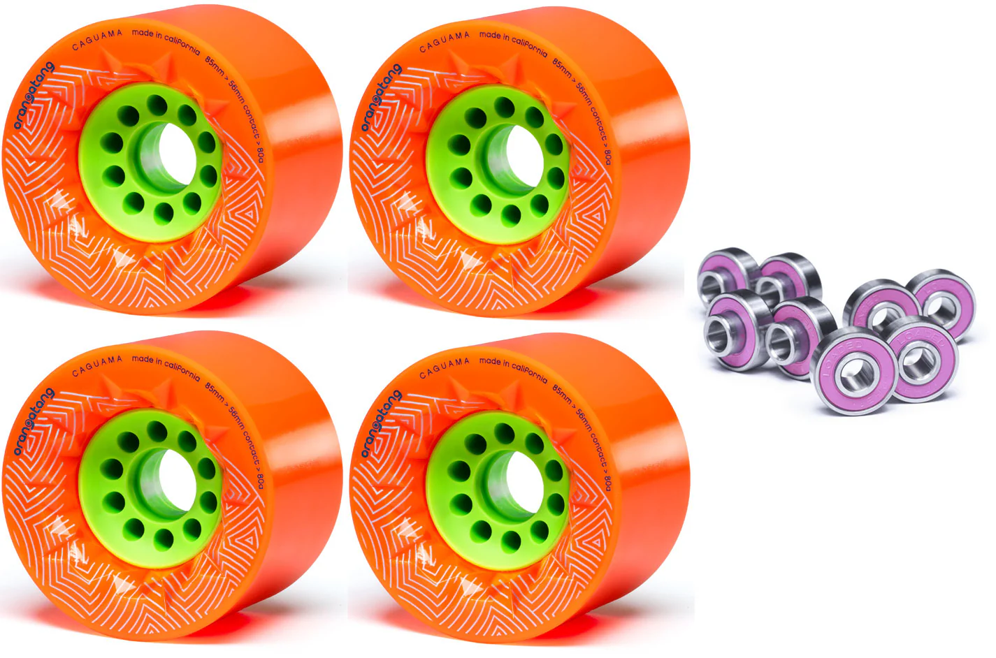 Orangatang Longboard Wheels Caguama Orange 85mm 80A with Loaded Jehu V2 Bearings