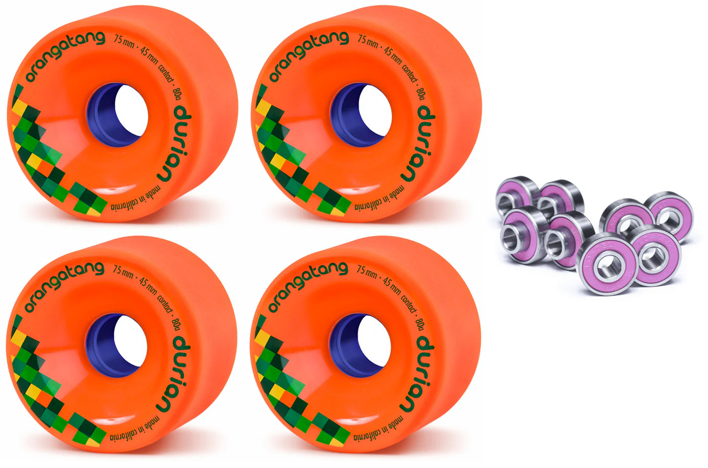 Orangatang Longboard Wheels Durian Orange 75mm 80A with Loaded Jehu V2 Bearings