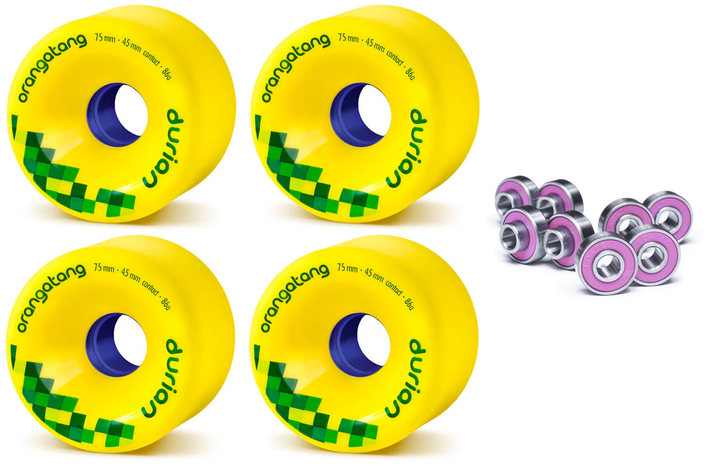 Orangatang Longboard Wheels Durian Yellow 75mm 86A with Loaded Jehu V2 Bearings