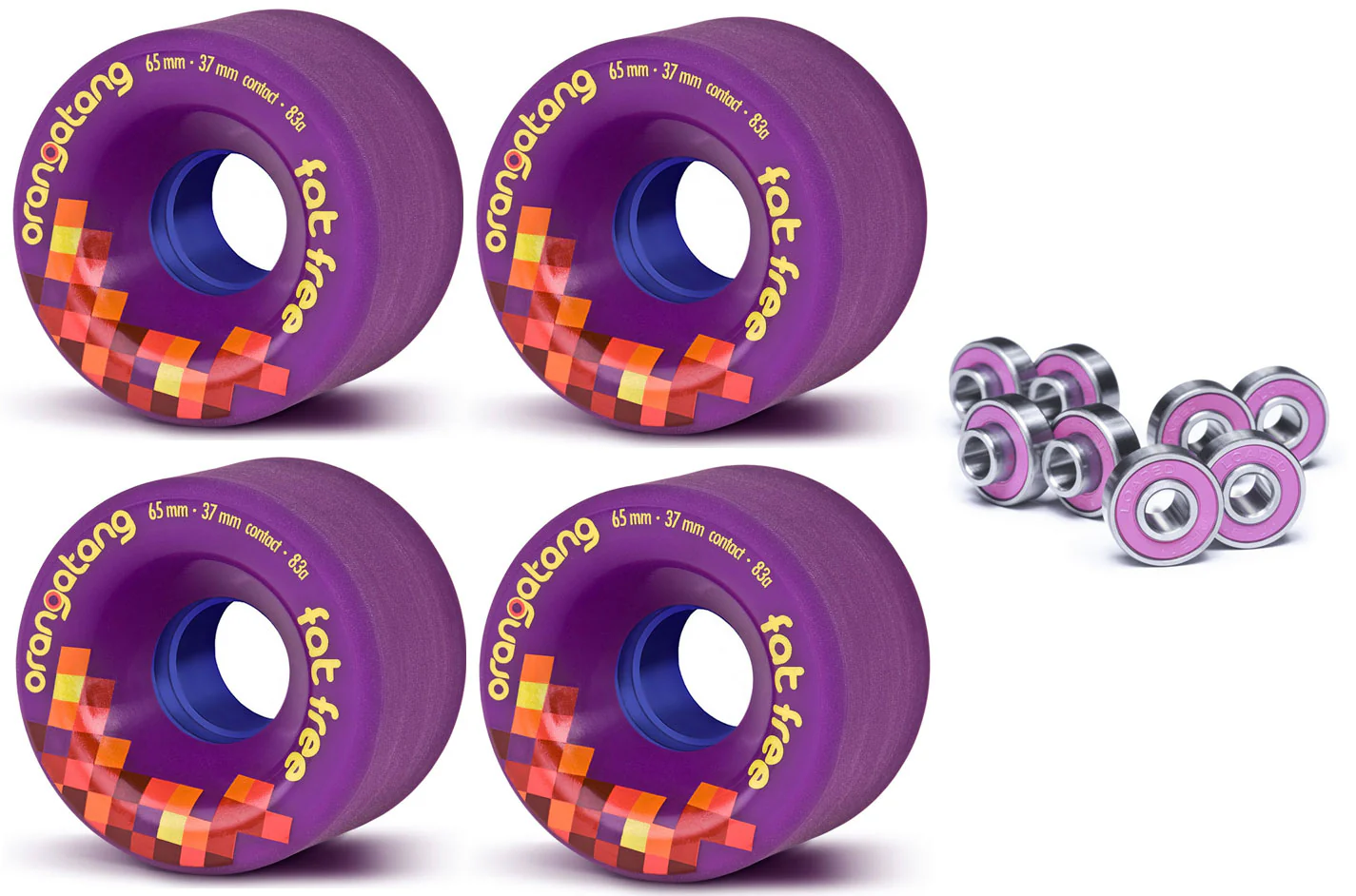 Orangatang Longboard Wheels Fat Free Purple 65mm 83A with Loaded Jehu V2 Bearings