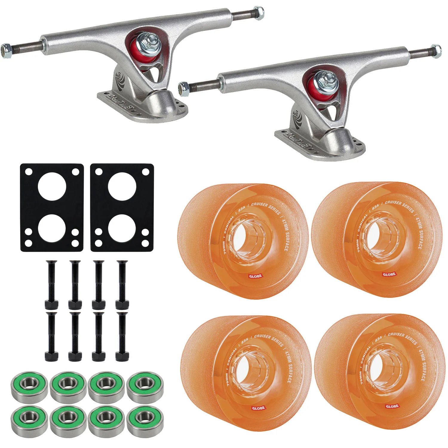Paris Longboard Trucks V2 180mm 50° Raw Polished + Globe Conical 70mm 83a Wheels Clear Amber + Abec 7 Bearings