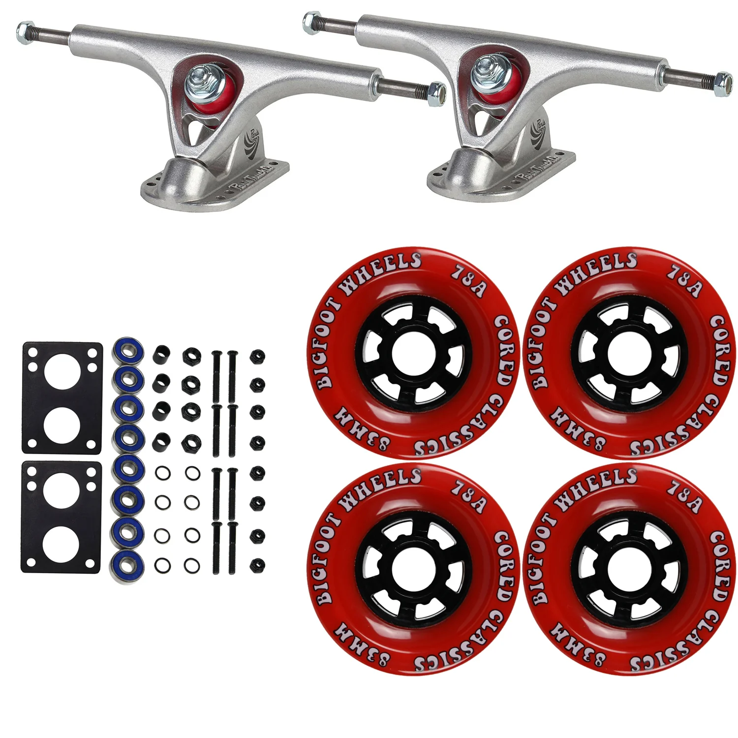 Paris Longboard Trucks, Wheels, Hardware, and Abec 7 Bearings Kit - V2 180 Raw + Bigfoot 83mm 78A Red