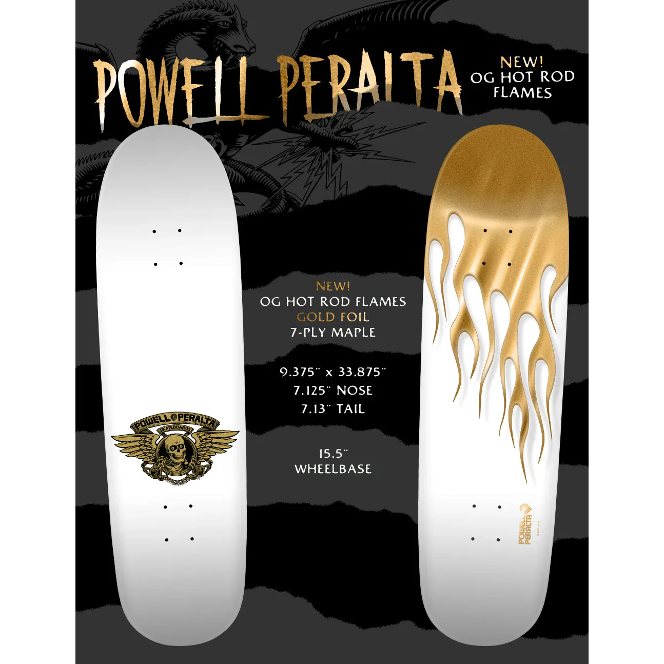Powell Peralta Skateboard Deck Hot Rod Flames White/Gold Old School Reissue - Image 3