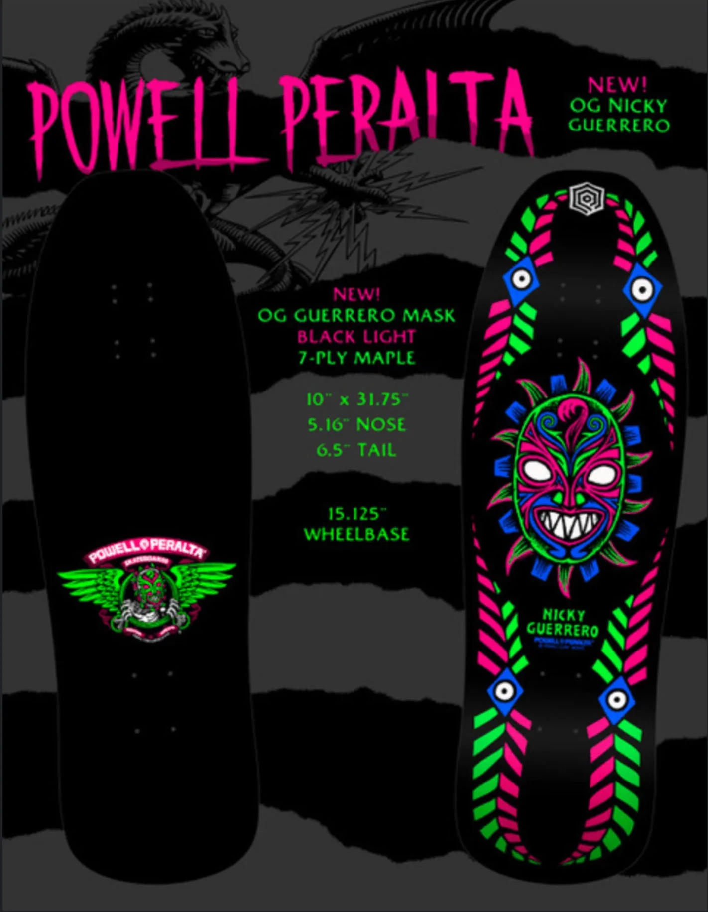 Powell Peralta Skateboard Nicky Guerrero Mask Blacklight / Independent / Rat Bones Green - Image 6