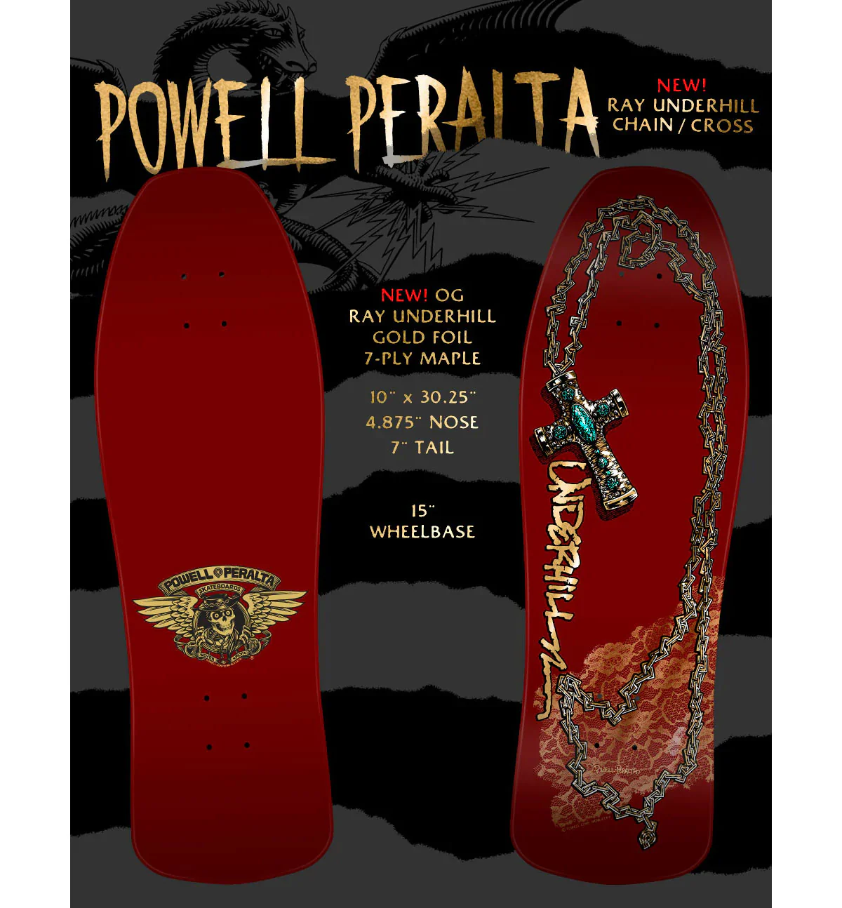 Powell Peralta Skateboard Ray Underhill Cross Burgundy/Gold Foil / Independent / Rat Bones White - Image 6