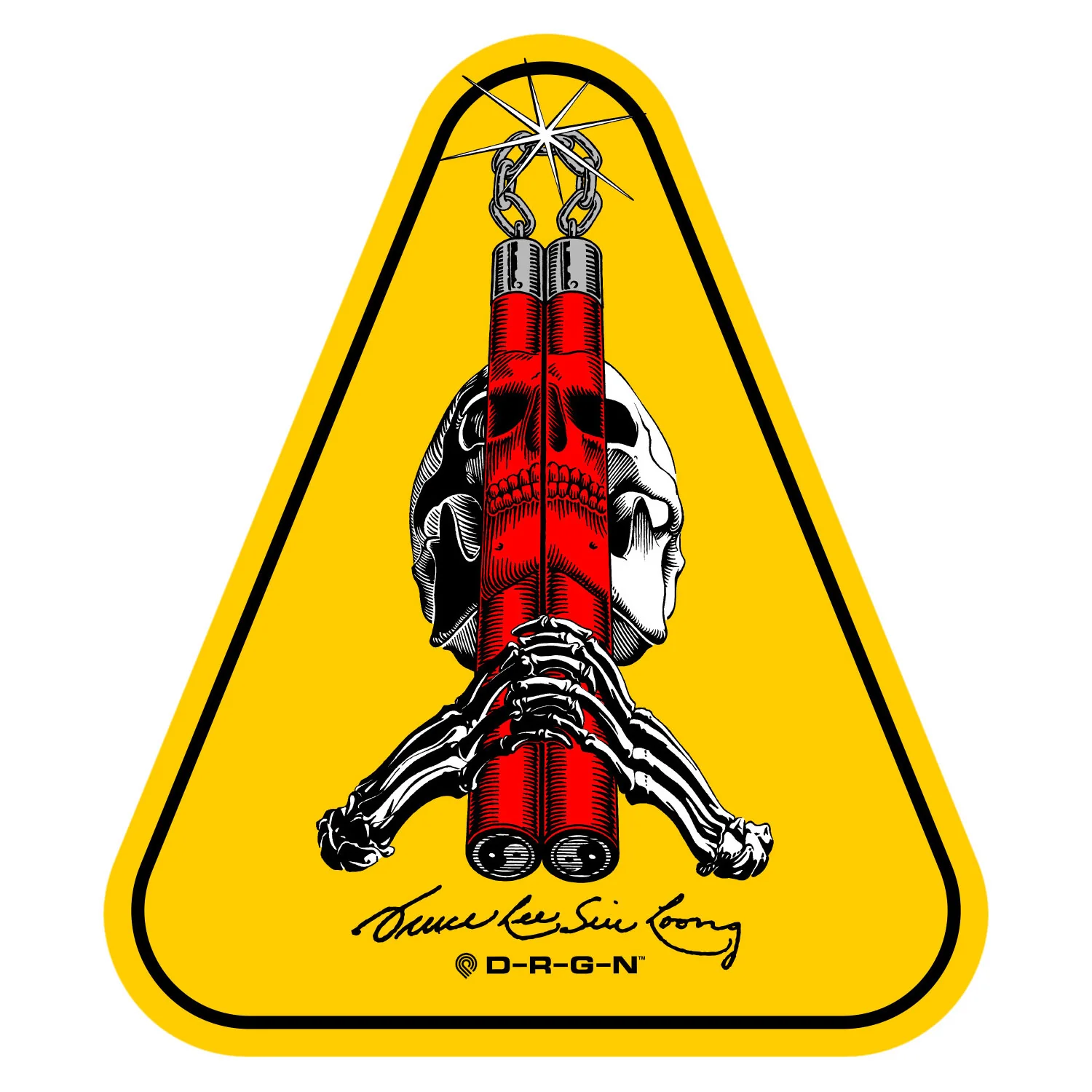 Powell Peralta Skateboard Sticker Bruce Lee Skull and Nunchucks Yellow
