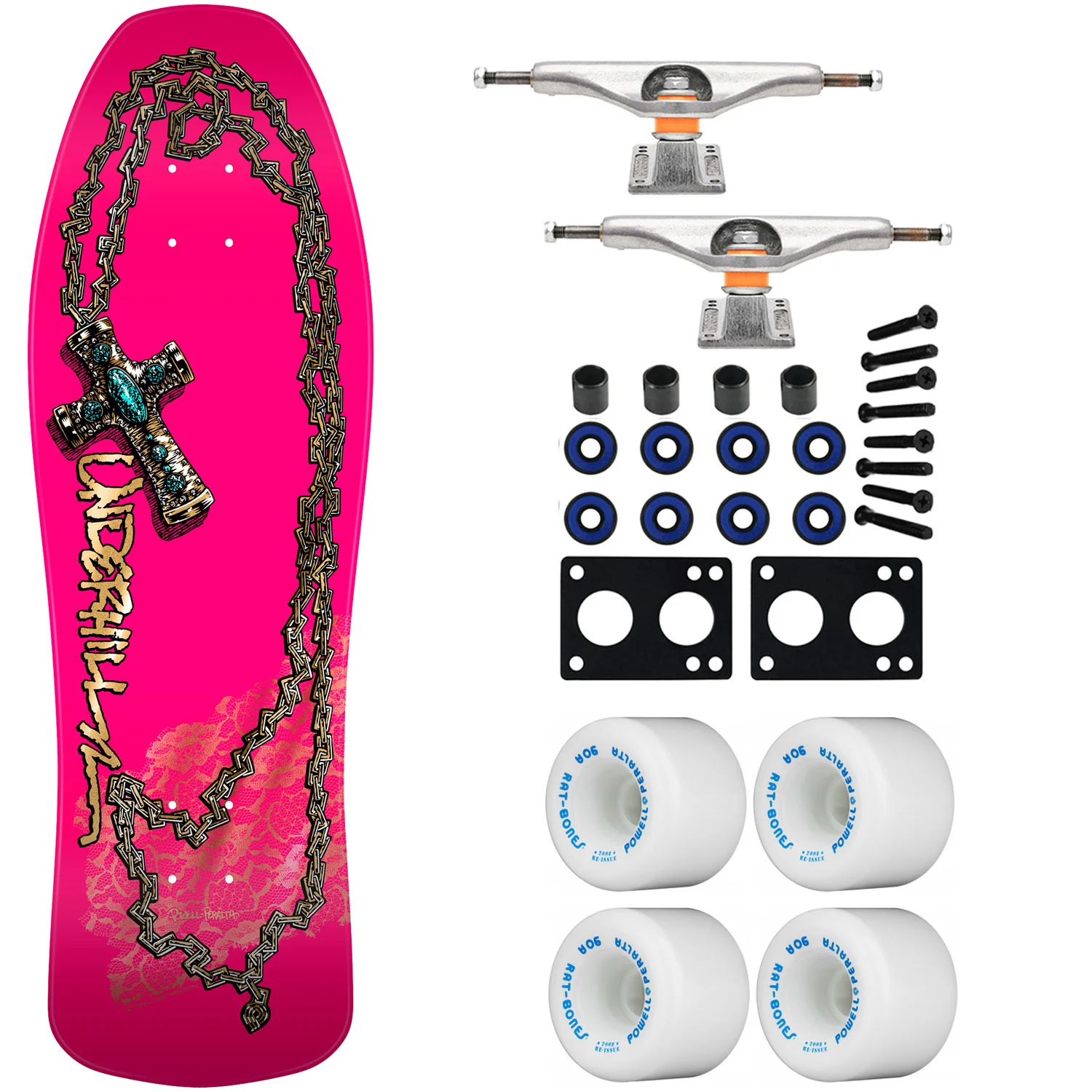 Powell Peralta Skateboard Underhill Cross Pink Foil / Independent / Rat Bones White
