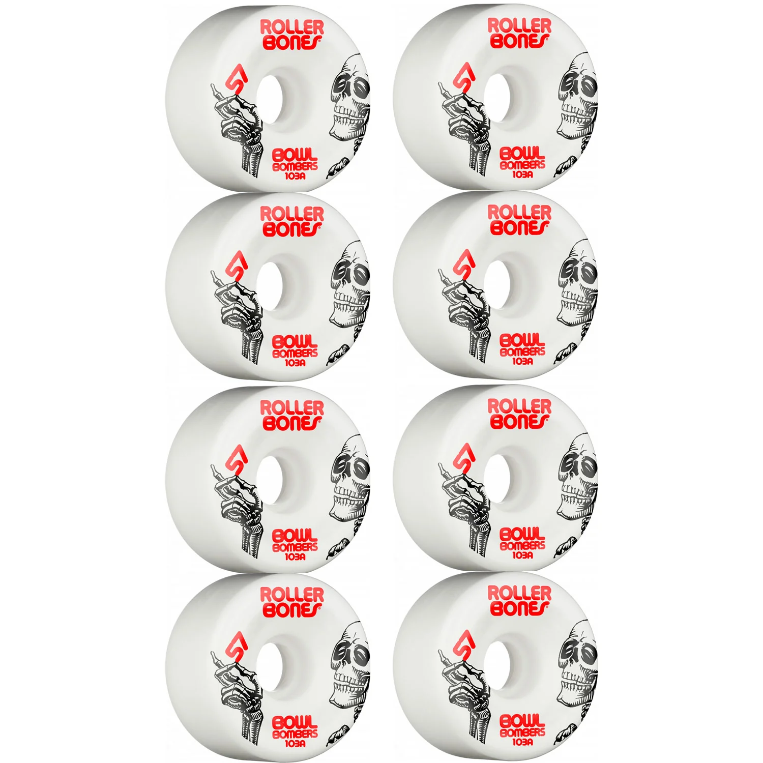 Rollerbones Quad Skate Wheels 57mm x 30mm Bowl Bombers 8-Pack 103A White
