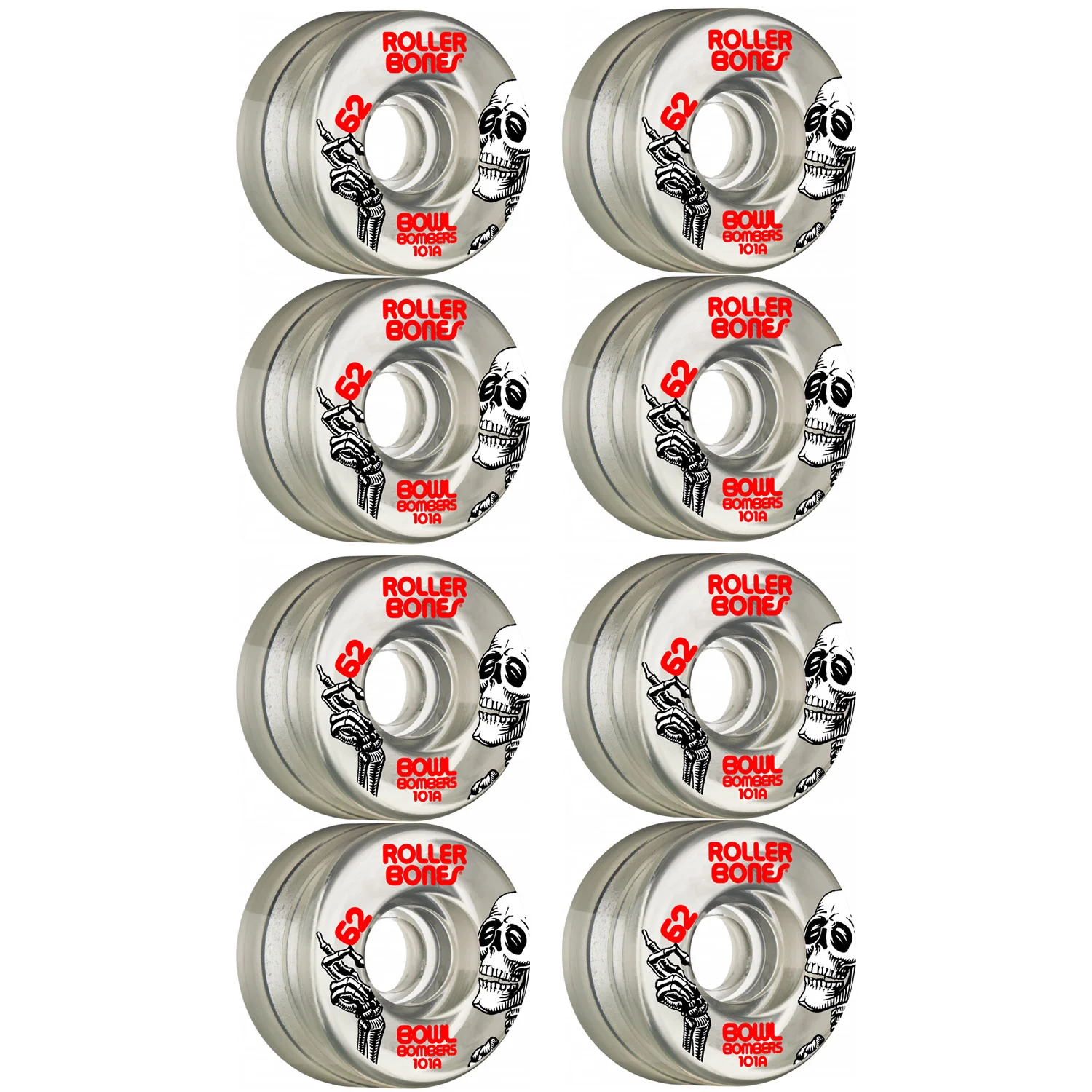 Rollerbones Quad Skate Wheels 62mm x 30mm Bowl Bombers 8-Pack 101A Clear