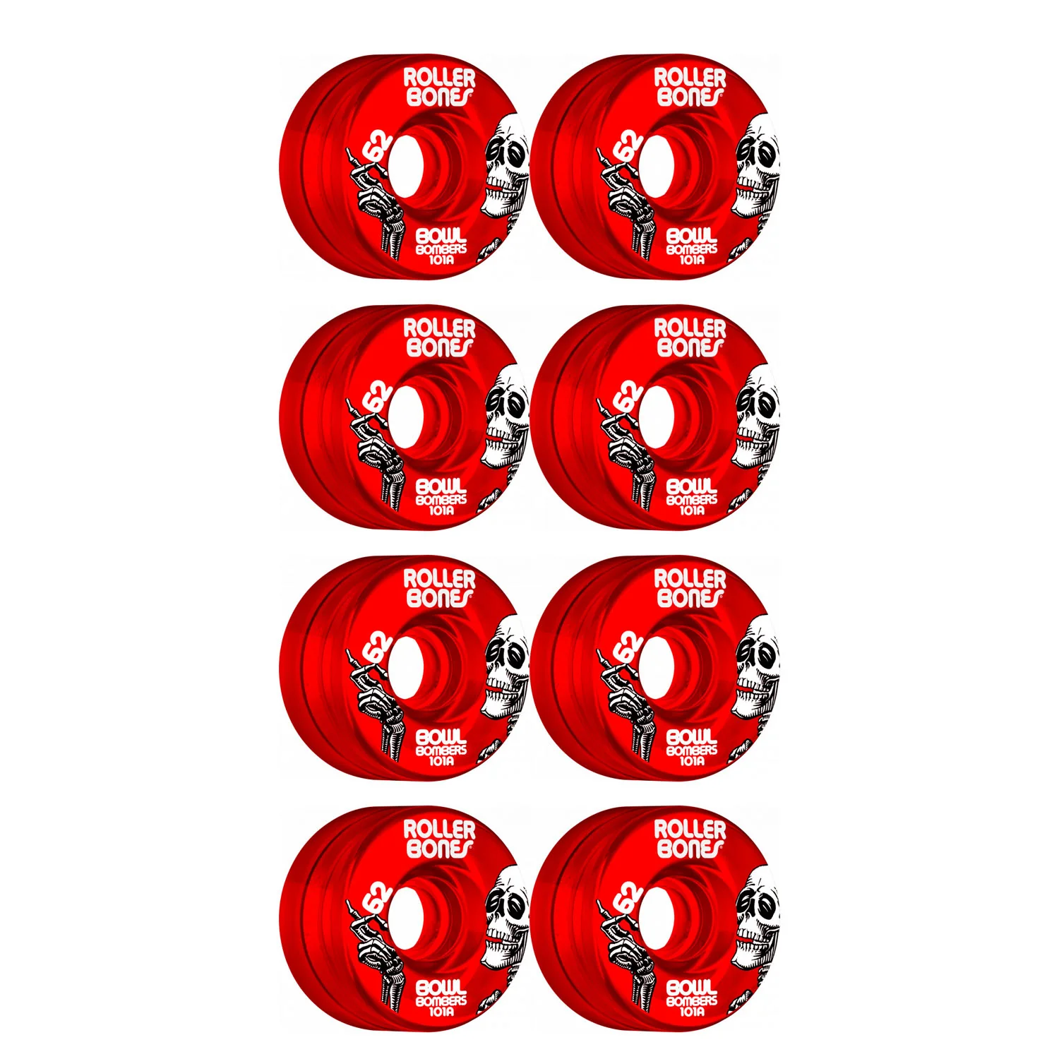 Rollerbones Quad Skate Wheels 62mm x 30mm Bowl Bombers 8-Pack 101A Red