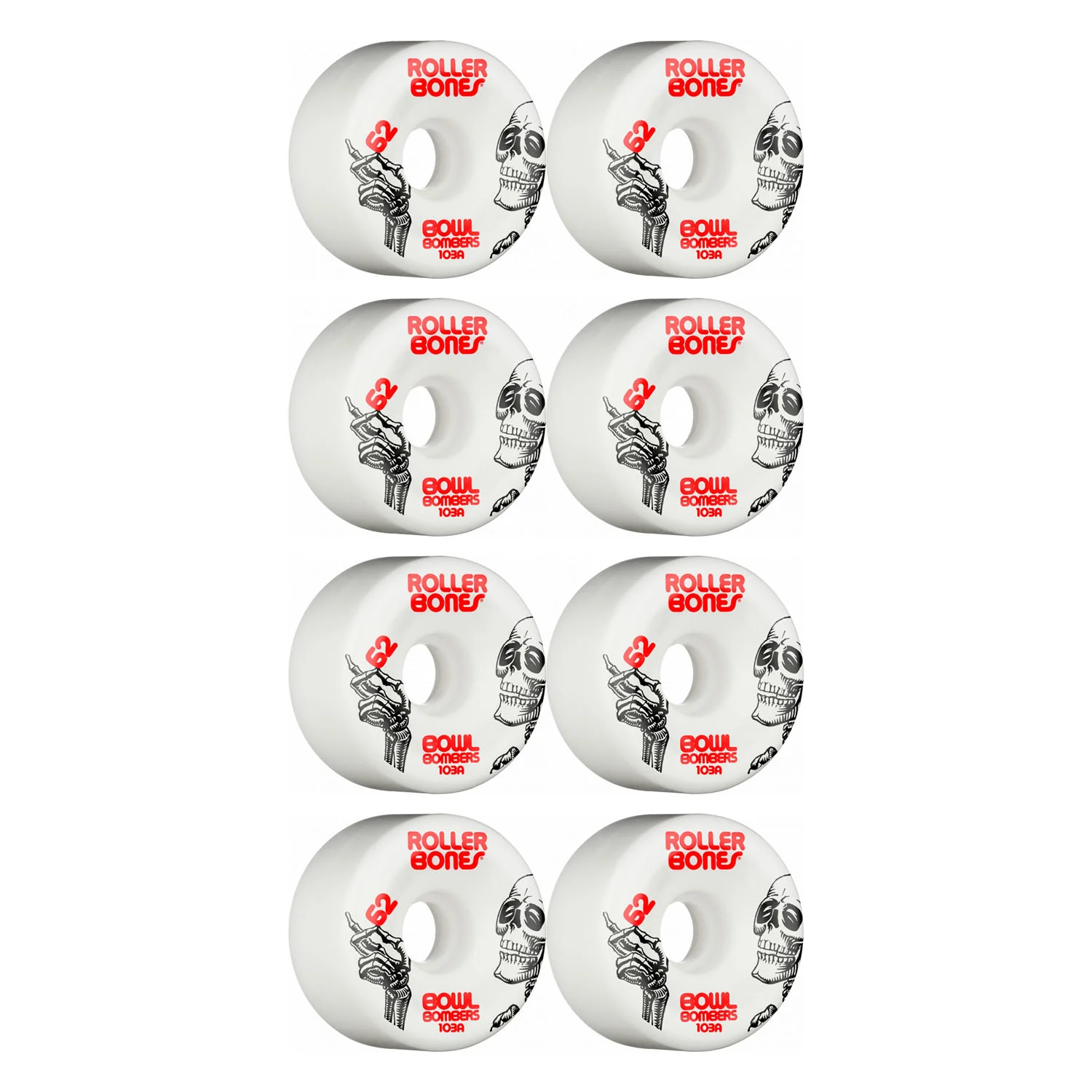 Rollerbones Quad Skate Wheels 62mm x 30mm Bowl Bombers 8-Pack 103A White