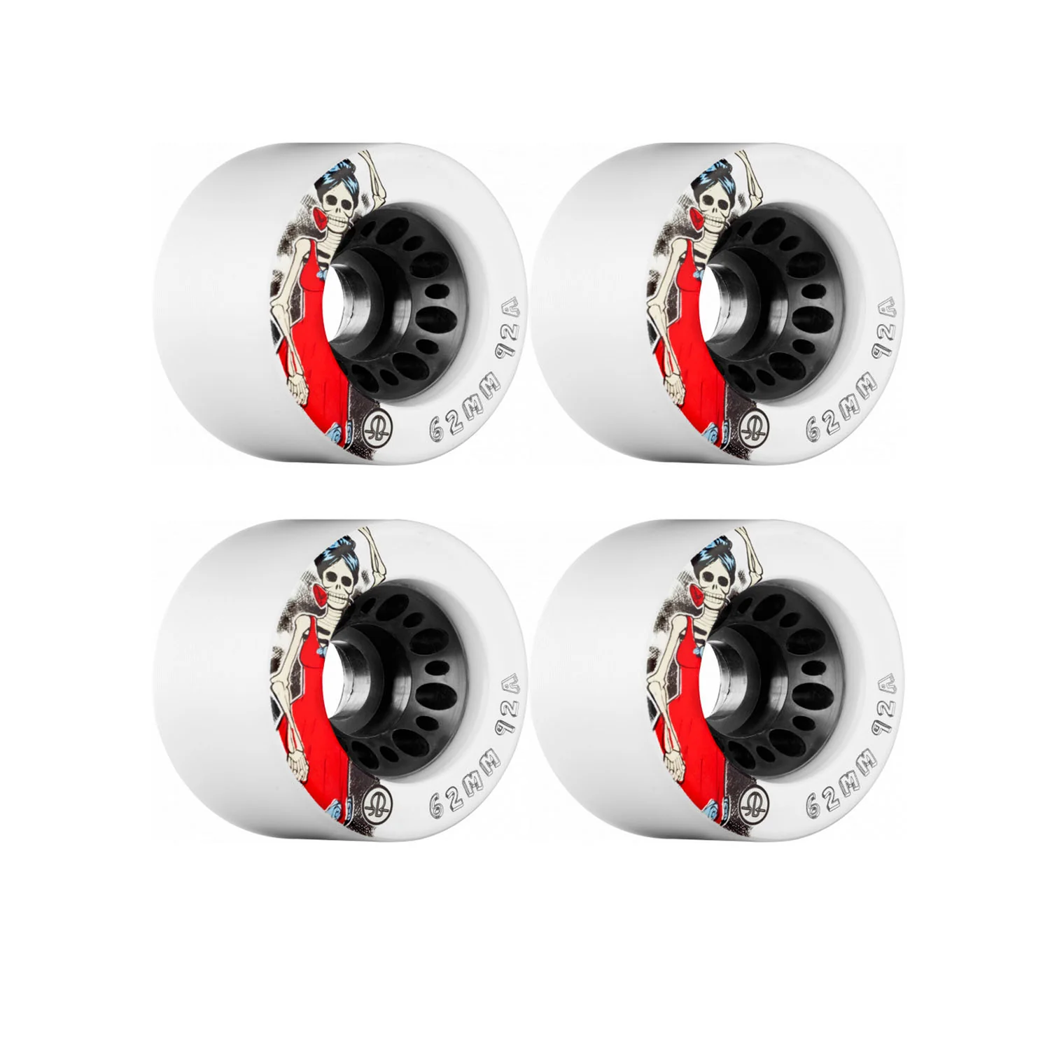 Rollerbones Quad Skate Wheels 62mm x 30mm Day of the Dead 4-Pack 92A White