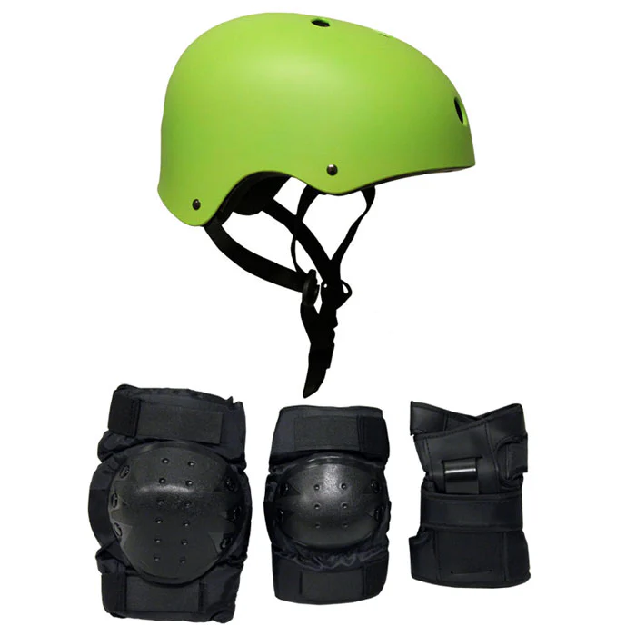 Skateboard Helmet Elbow/Knee/Wrist Pad Combo Skateboarding Skate Park Safety Kit Neon Green Helmet Extra Small Pads