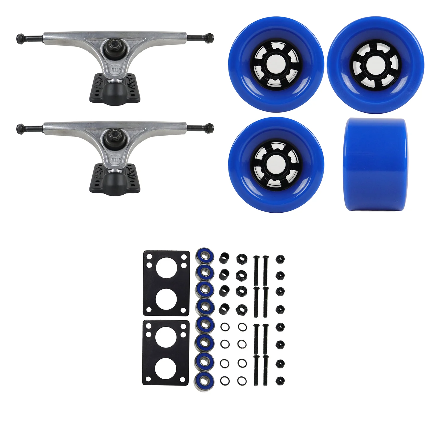 Slant Longboard Trucks with Extra Large Wheels, Abec 7 Bearings, Hardware, and Risers - Image 39