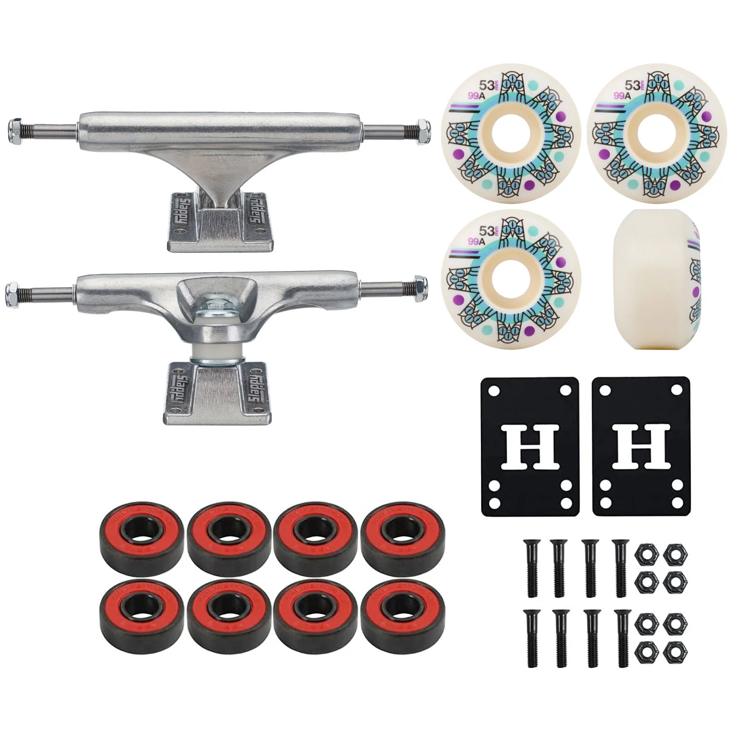 Slappy Skateboard Trucks Inverted Hollow Silver 8.0" Package Triclops Wheels/Bearings/Hardware