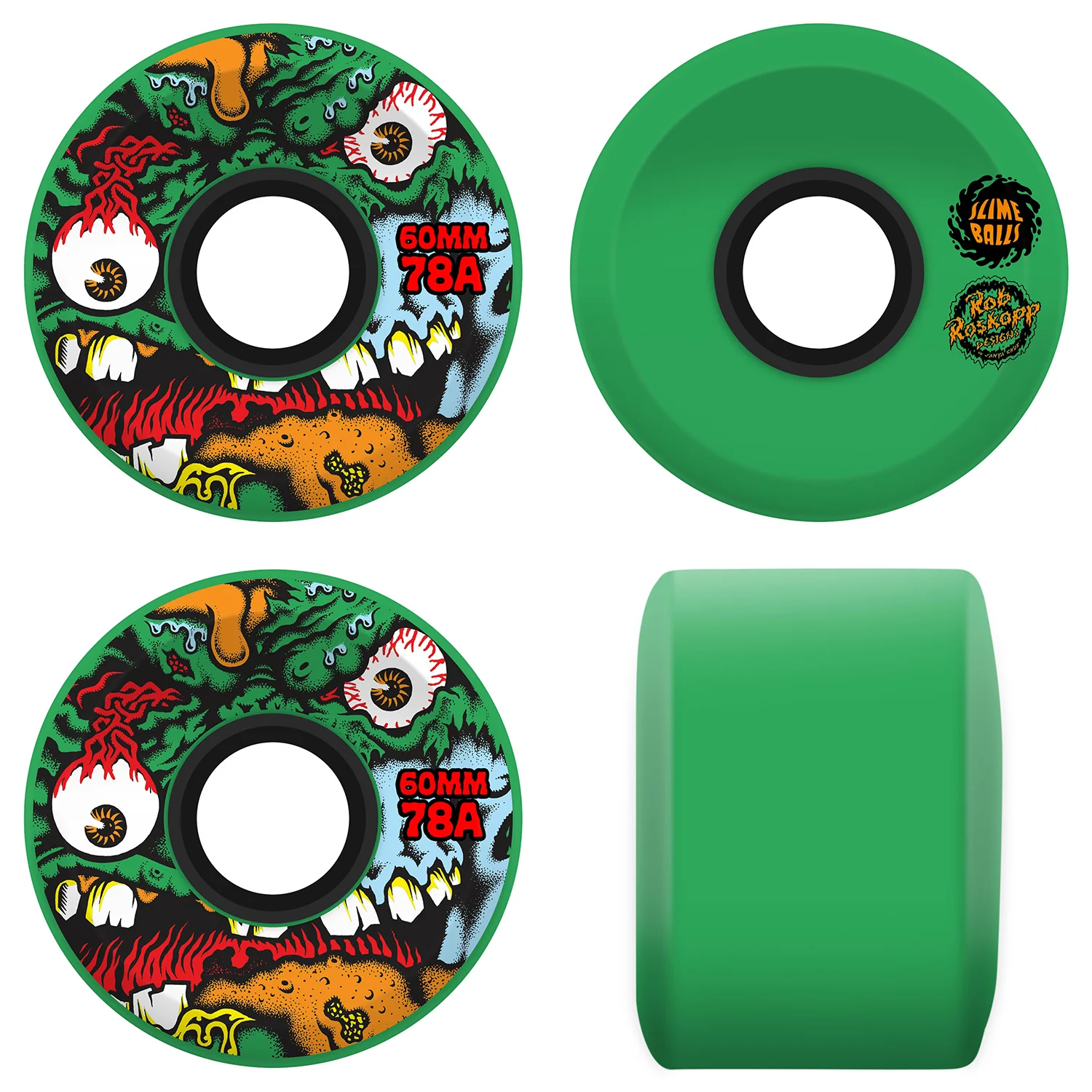Slime Balls Skateboard Wheels 60mm Roskopp Face Two Reissue OG Slime 78A Green