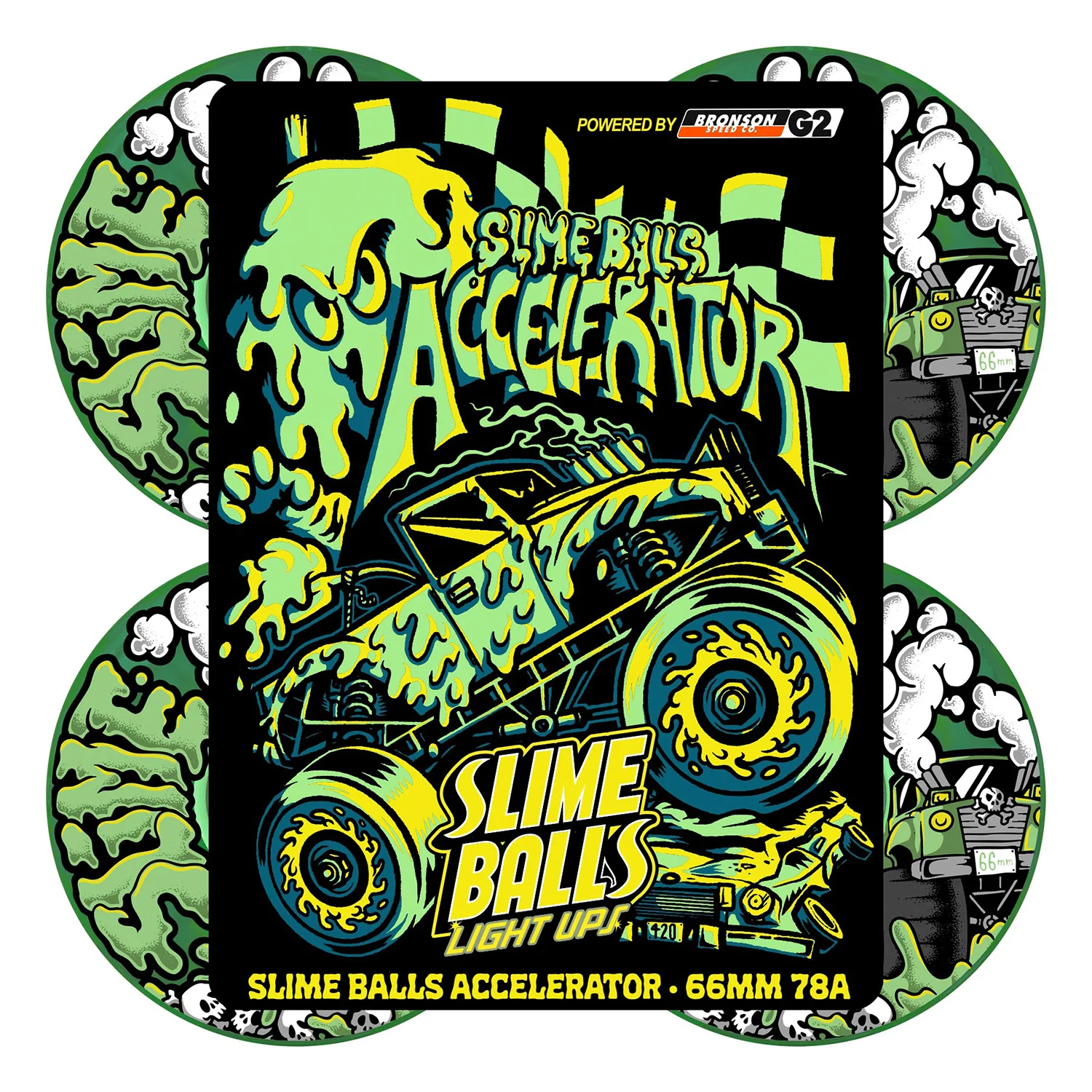 Slime Balls Skateboard Wheels 66mm Accelerator Light Ups OG Slime 78A Green w/ Bronson Bearings - Image 5