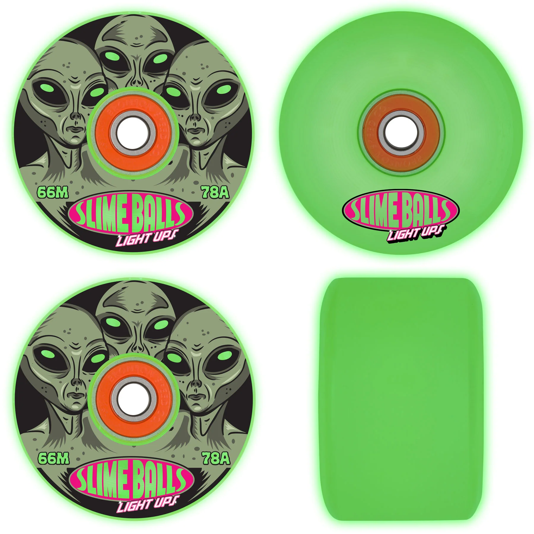 Slime Balls Skateboard Wheels 66mm Friends of Planet 9 Light Ups OG 78A w/ Bronson Bearings Glow
