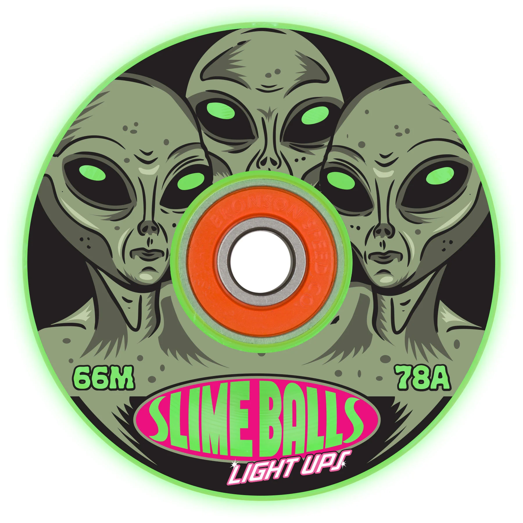 Slime Balls Skateboard Wheels 66mm Friends of Planet 9 Light Ups OG 78A w/ Bronson Bearings Glow - Image 2