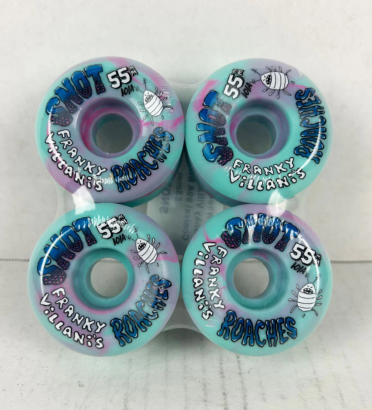 Snot Wheel Co. Skateboard Wheels 55mm Franky Villani Roaches Conical 99A Blue Swirl - Image 3