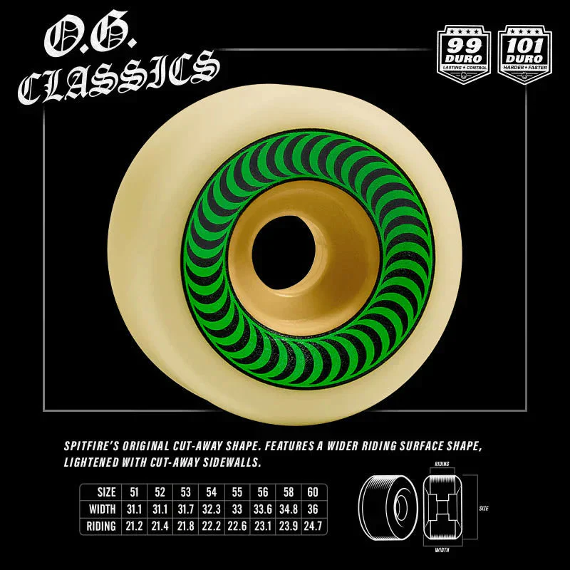 Spitfire Skateboard Wheels 52mm 99A F4 OG Classics with Bronson Pro G3 Bearings - Image 3