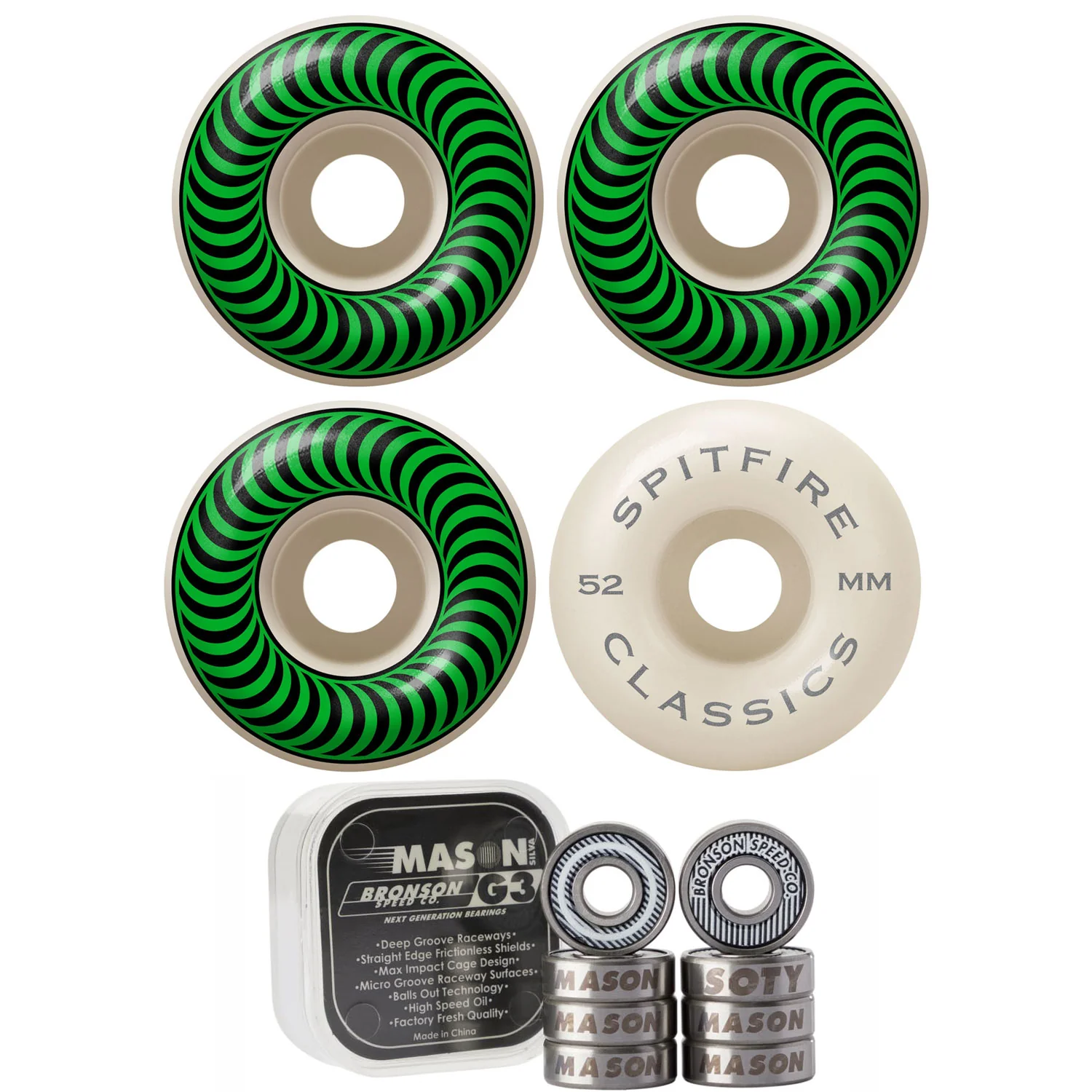 Spitfire Skateboard Wheels 52mm Classics with Bronson Pro G3 Bearings