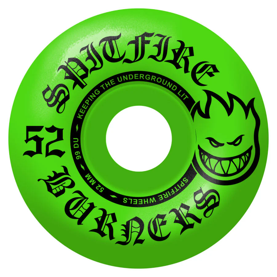 Spitfire Skateboard Wheels 52mm Green Burners with Bronson Pro G3 Bearings - Image 3
