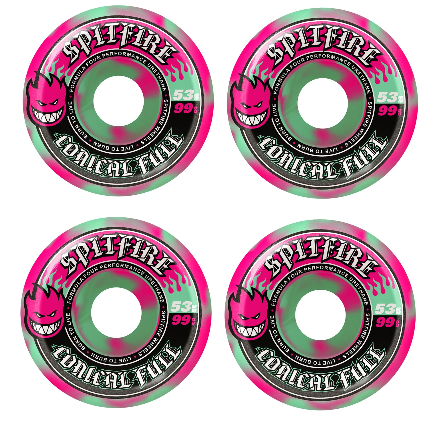 Spitfire Skateboard Wheels 53mm F4 99A Color Pack Conical Full Teal/Pink Swirl