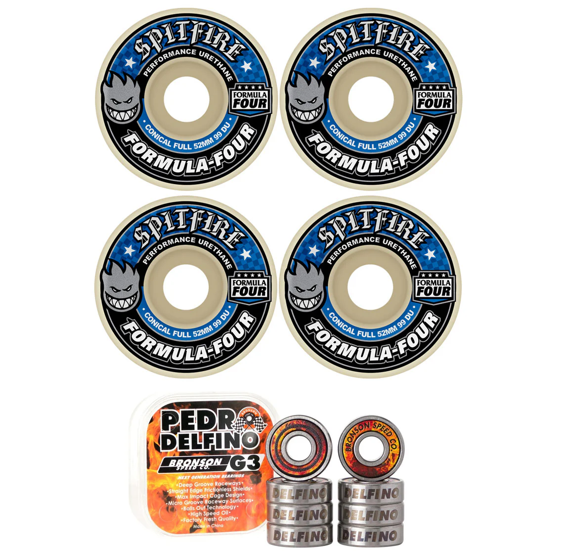 Spitfire Skateboard Wheels 54mm 99A F4 Conical Full with Bronson Pro G3 Bearings