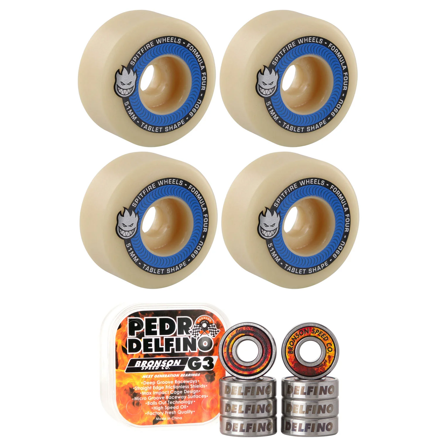 Spitfire Skateboard Wheels 55mm Tablets F4 99A with Bronson Pro G3 Bearings