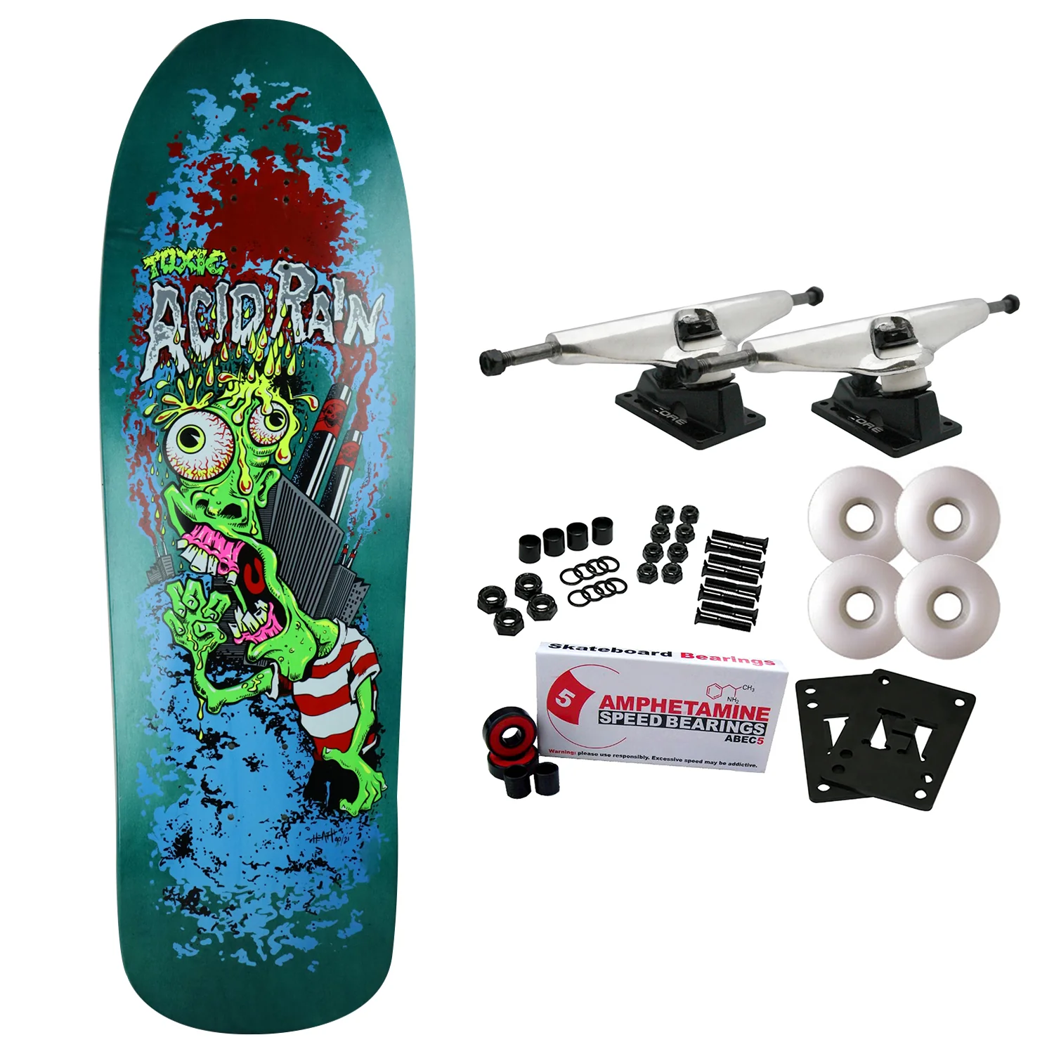 Toxic Skateboard Complete Acid Rain Teal 10" x 32" Old School
