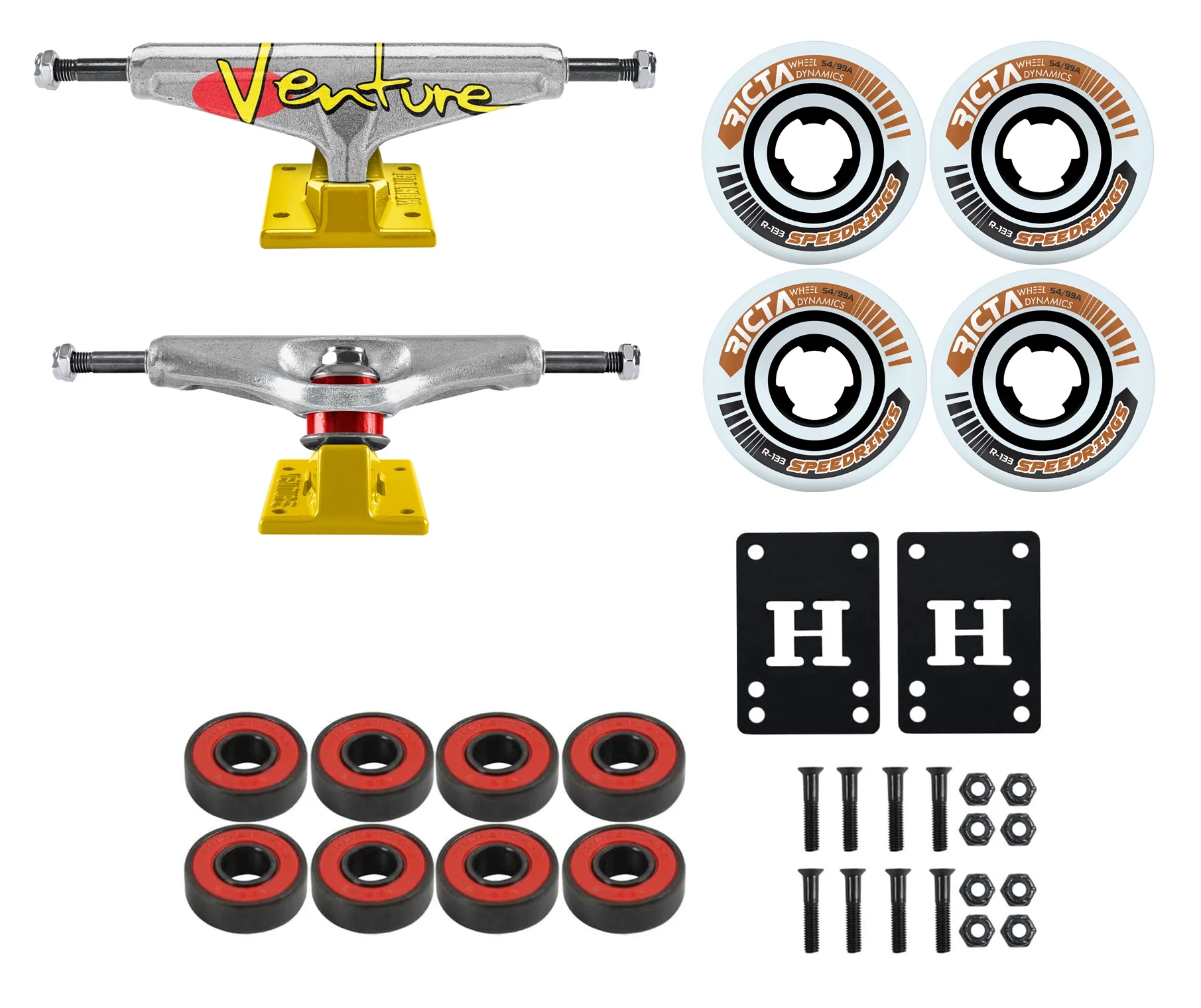 Venture Skateboard Trucks Team Full Bleed 92 5.6 (8.25") with 54mm 99A Ricta Speed Rings Wheels, Bearings, Hardware