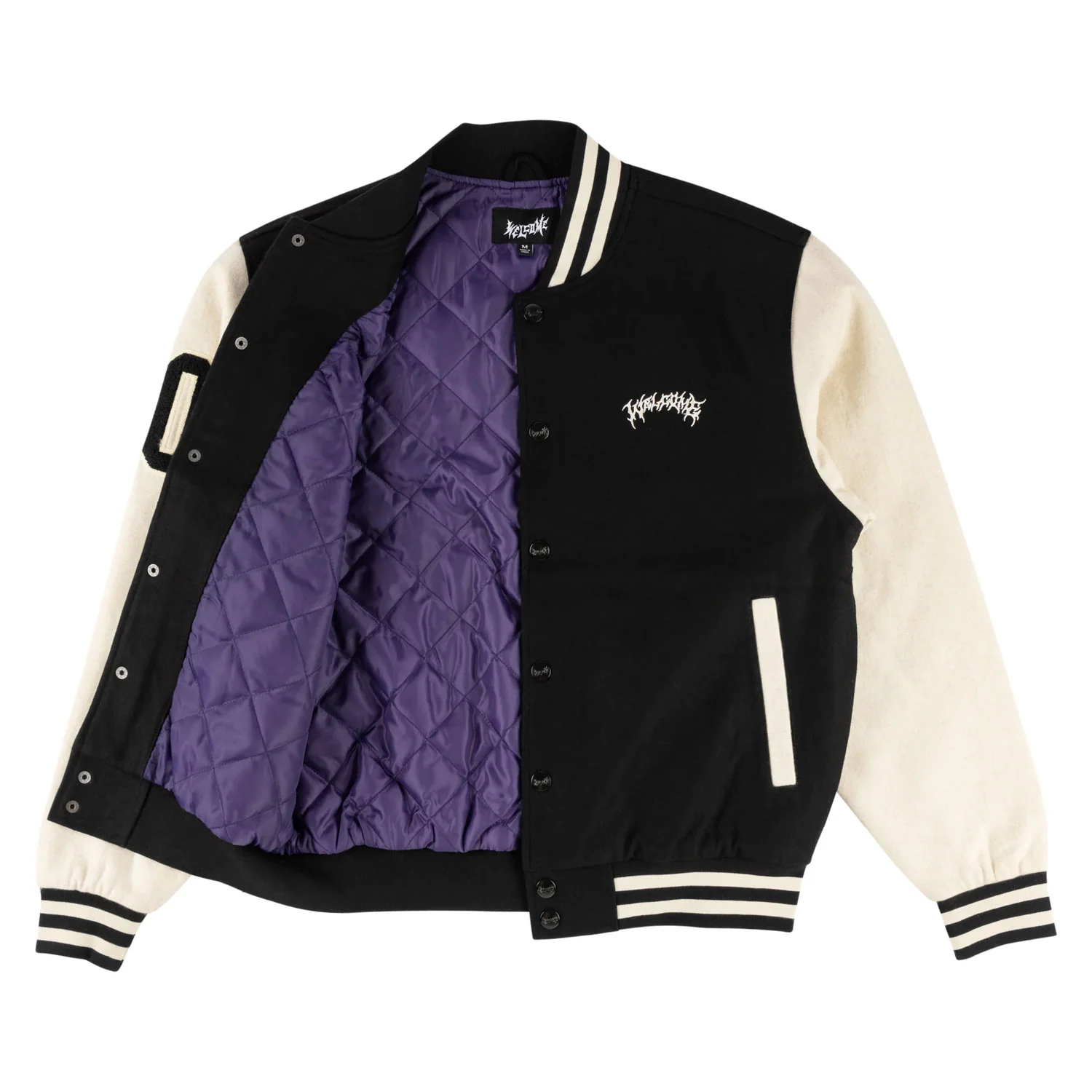 Welcome Skateboard Jacket Barb Varsity Jacket Black/Bone - Image 2