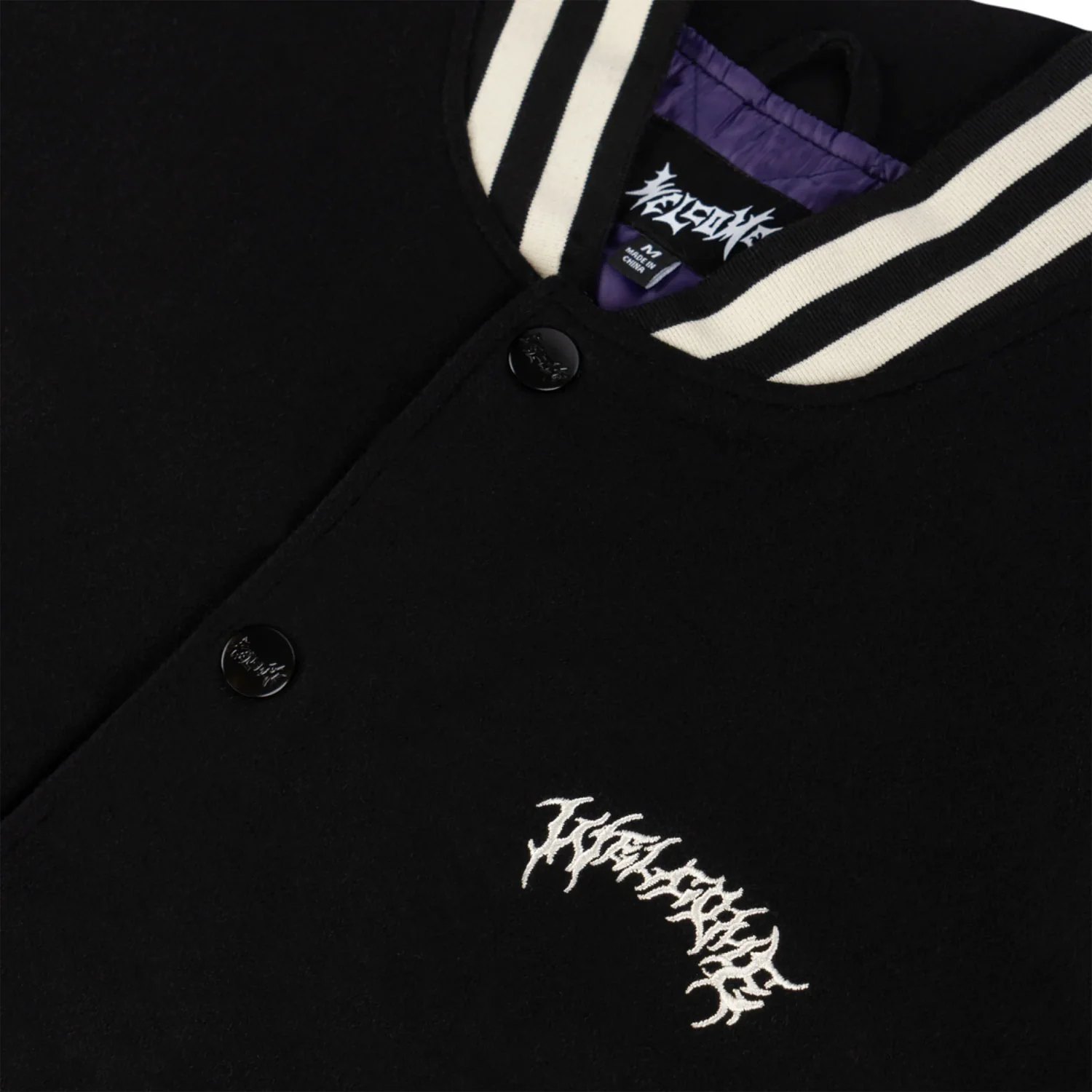 Welcome Skateboard Jacket Barb Varsity Jacket Black/Bone - Image 4
