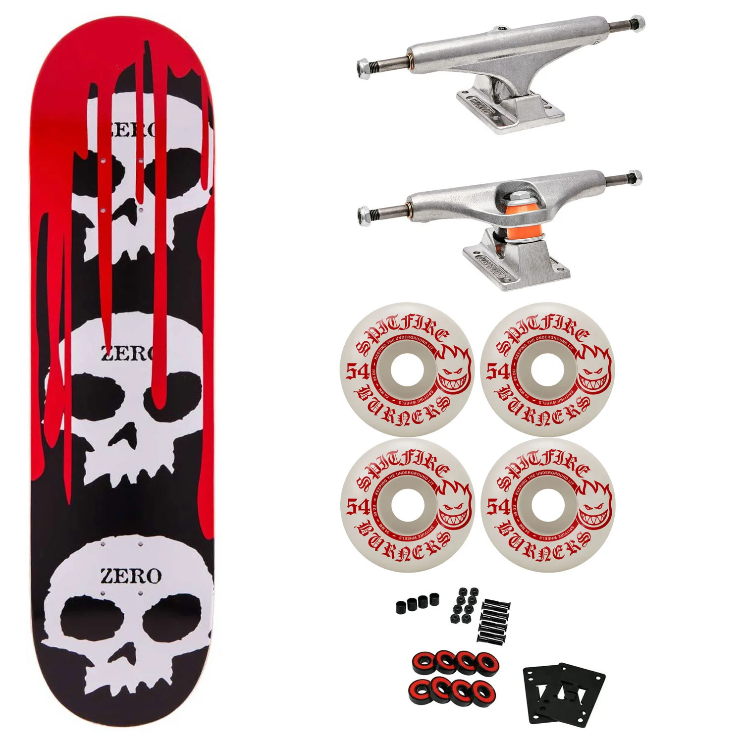 Zero Premium Skateboard with Indy Trucks, Spitfire Wheels 8.5" 3 Skulls with Blood